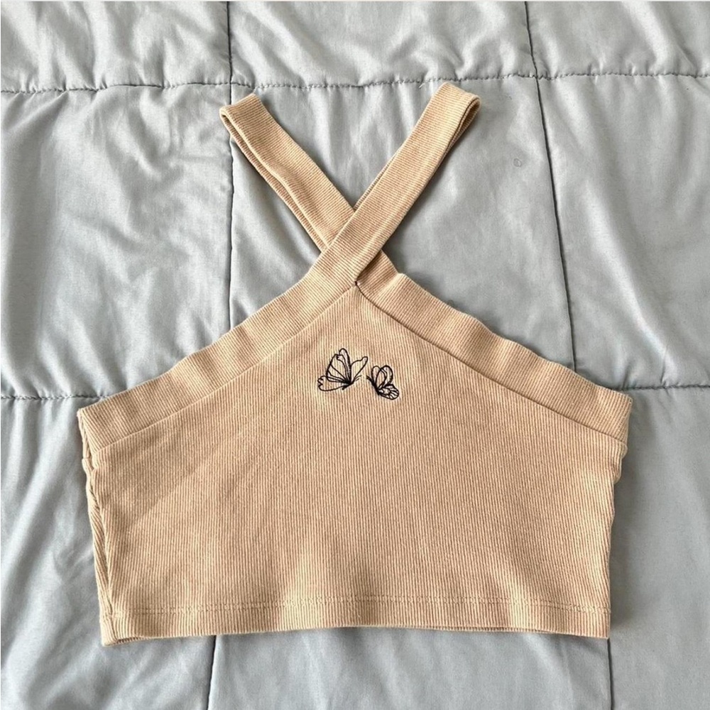 Tan Ribbed Crop Top with Butterflies